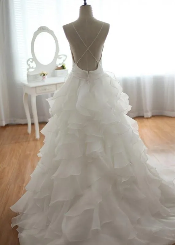 V Neck Court Train Backless Wedding Dress, Backless White Wedding Gowns, Backless Prom Dresses