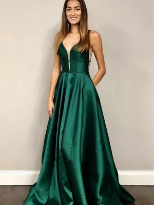 V Neck Emerald Green Prom Dresses, Green Formal Graduation Evening Dresses