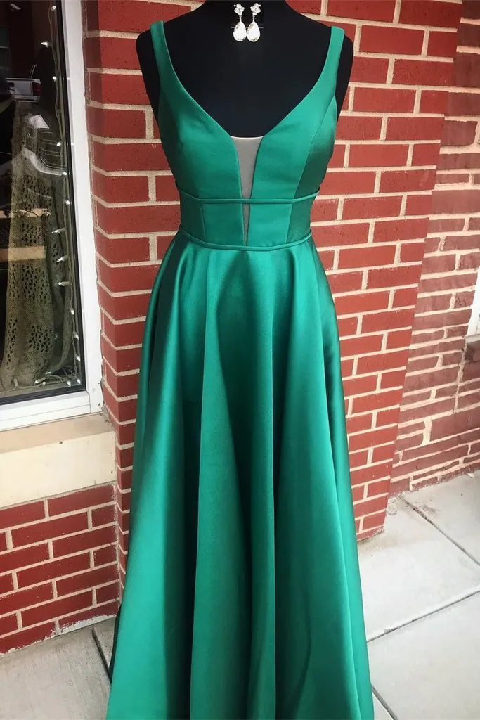 V Neck Emerald Green Prom Dresses, Green Formal Graduation Evening Dresses