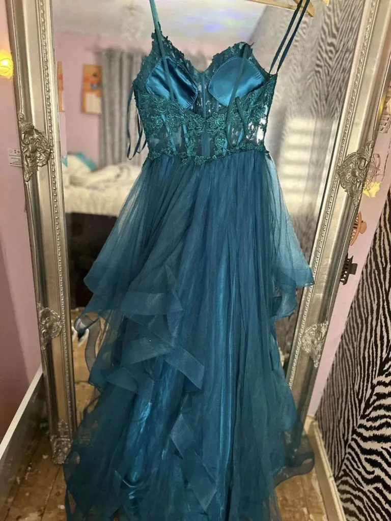V Neck Fluffy Blue Lace Long Prom Dresses, Blue Lace Formal Dresses, Blue Evening Dresses
