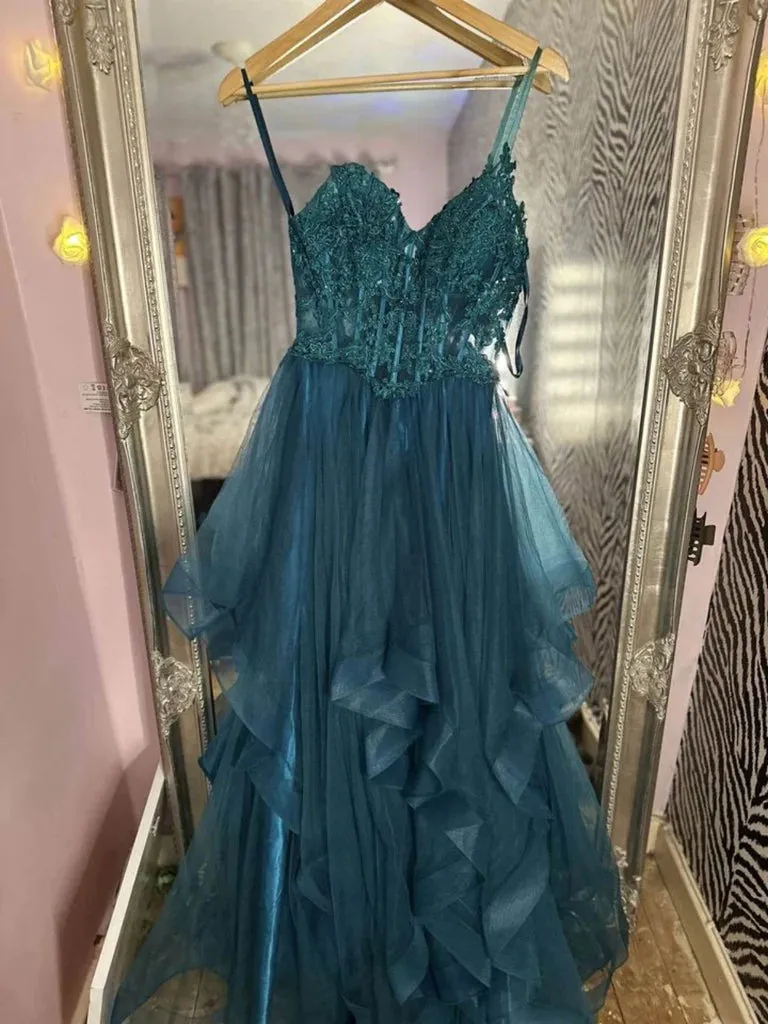 V Neck Fluffy Blue Lace Long Prom Dresses, Blue Lace Formal Dresses, Blue Evening Dresses