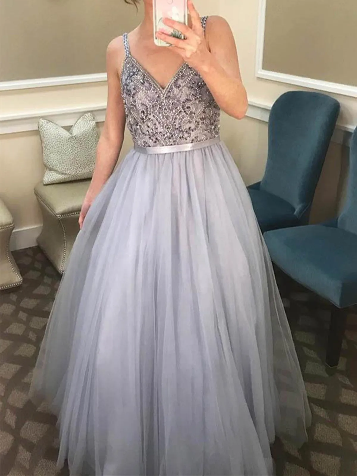 V Neck Gray Tulle Beads Long Prom Dress, Gray Tulle Beads Evening Dress