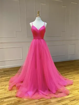 V Neck Hot Pink Tulle Long Prom Dresses,  Backless Hot Pink Tulle Formal Evening Graduation Dresses