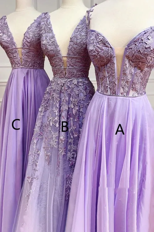 V Neck Lilac Lace Long Prom Dresses, Off Shoulder Lilac Formal Dresses, Lilac Lace Evening Dresses