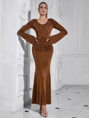 V Neck Long Sleeve Frill Maxi Bodycon Dress HB10193
