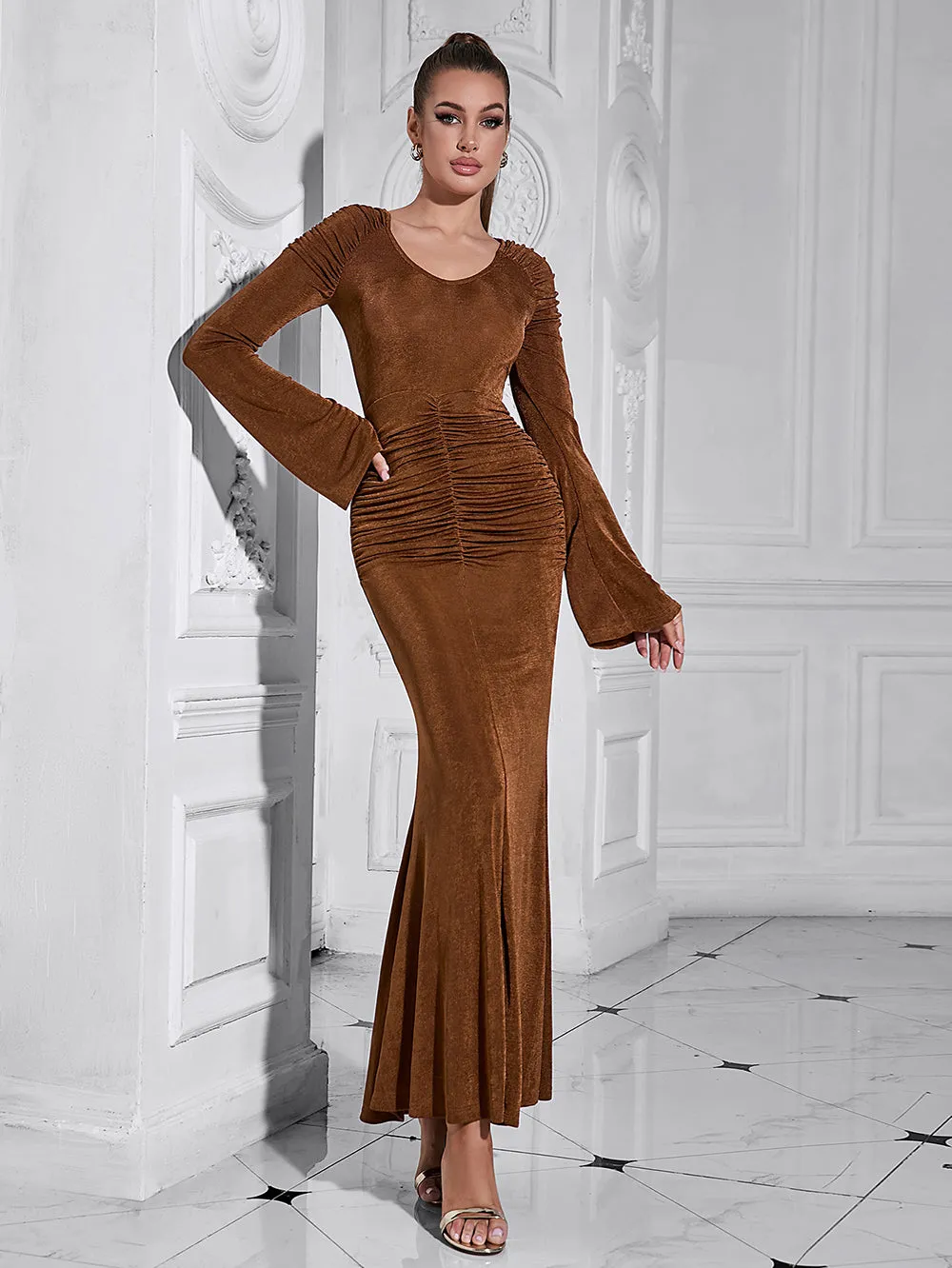 V Neck Long Sleeve Frill Maxi Bodycon Dress HB10193