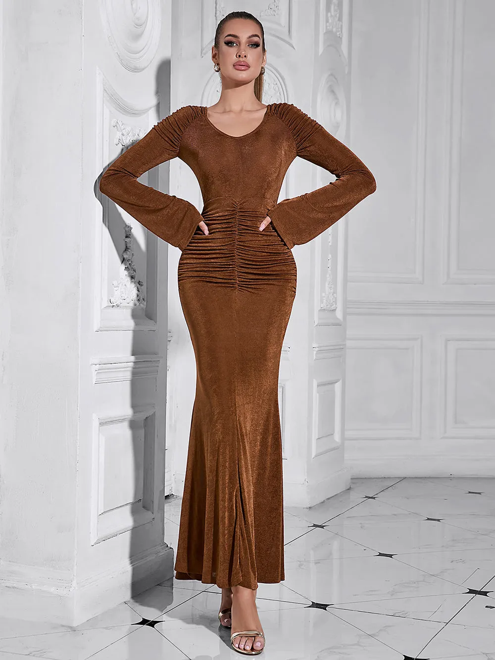V Neck Long Sleeve Frill Maxi Bodycon Dress HB10193