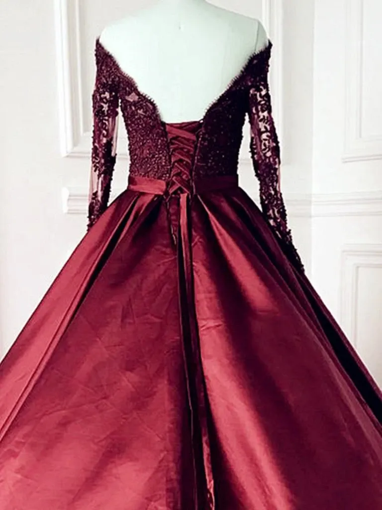 V Neck Long Sleeves Burgundy Lace Prom Gowns, Long Sleeves Wine Red Lace Formal Evening Dresses