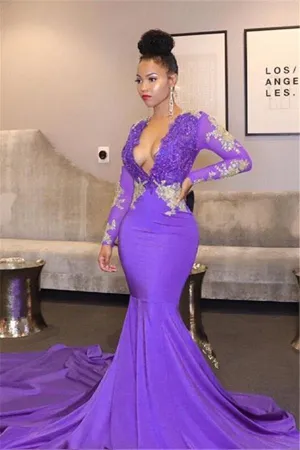 V-Neck Mermaid Prom Dress With Lace Appliques