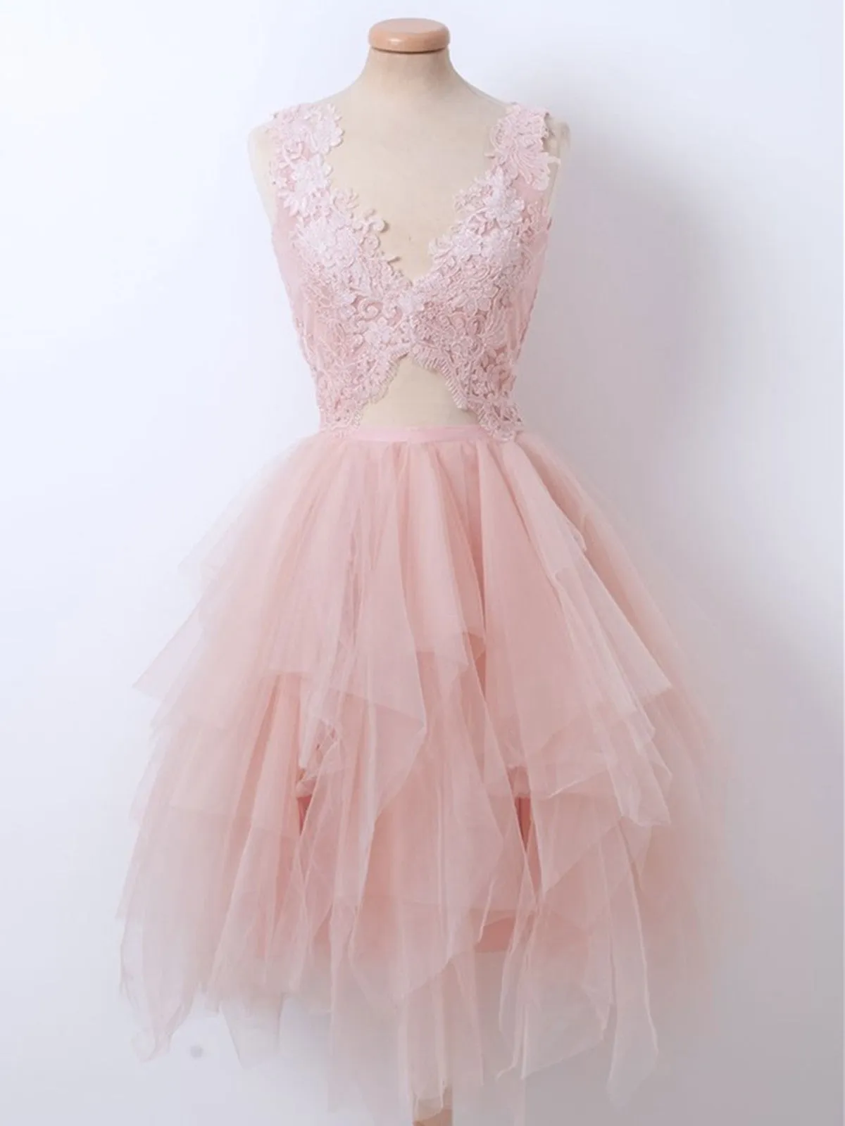 V Neck Pink Tulle Short Prom Dress, V Neck Pink Tulle Short Party Dress, Evening Graduation Homecoming Dress