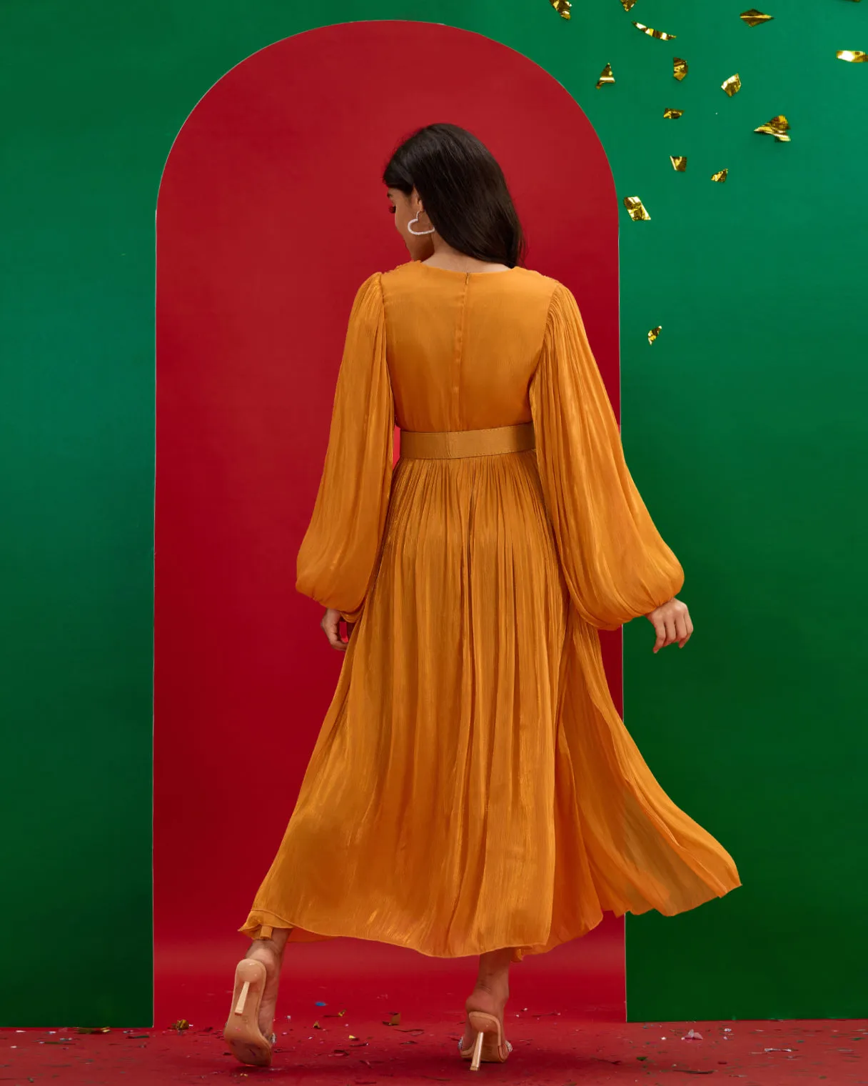 V-neck Pleated Maxi Dress