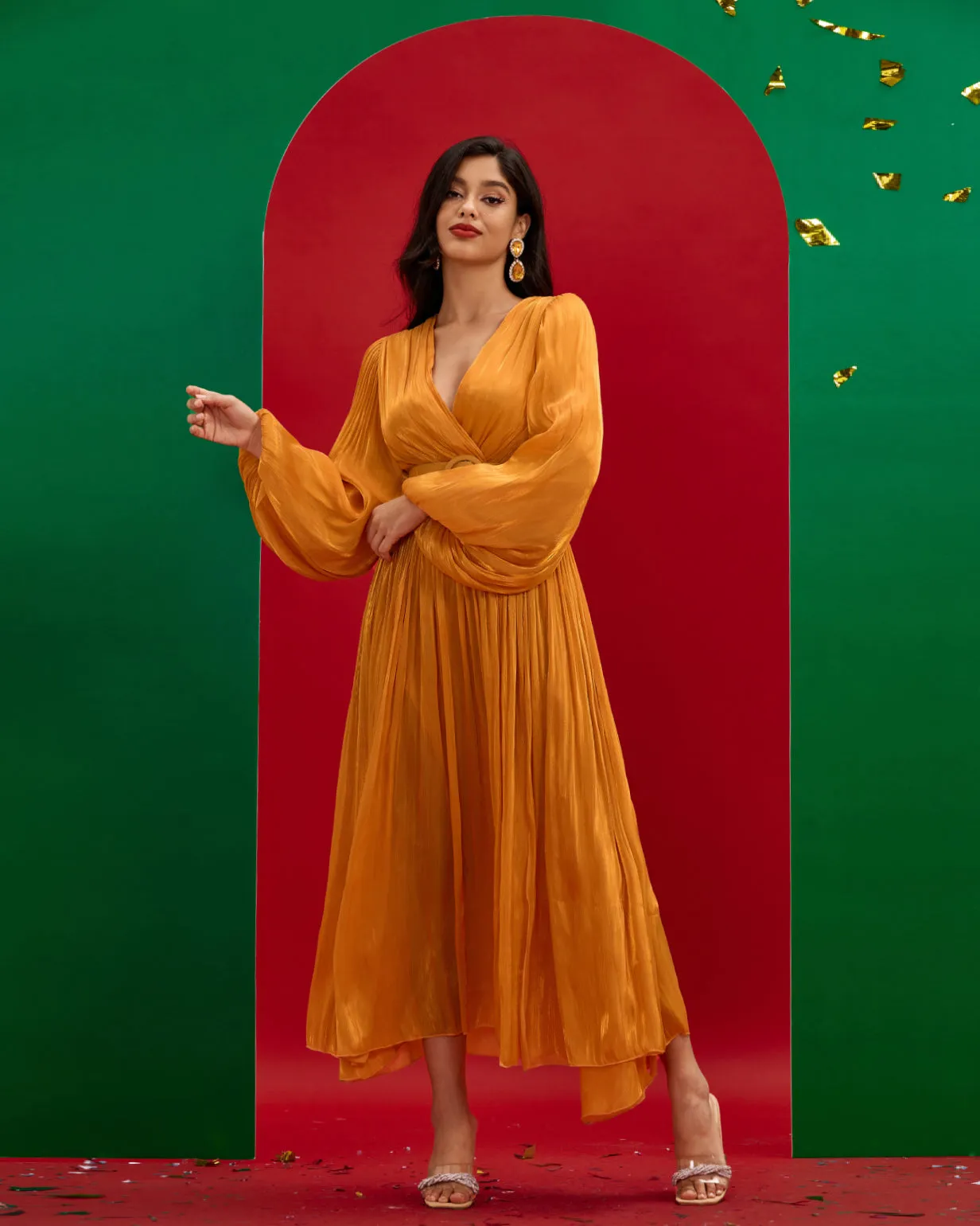 V-neck Pleated Maxi Dress