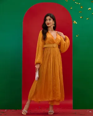 V-neck Pleated Maxi Dress