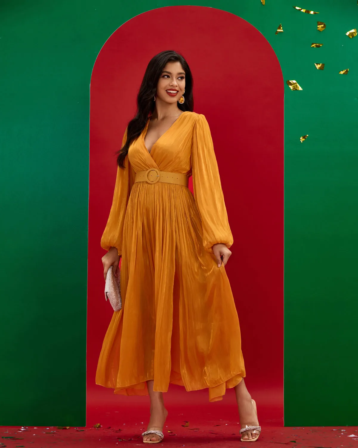 V-neck Pleated Maxi Dress
