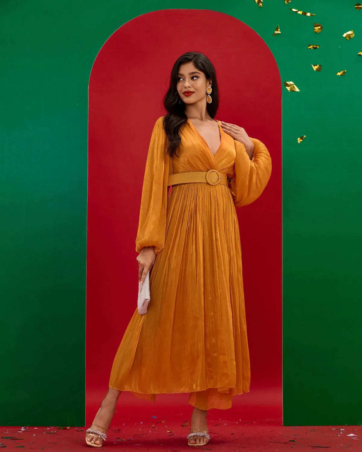 V-neck Pleated Maxi Dress