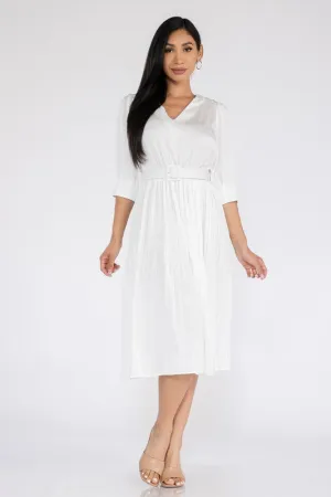 V neck pleated white dress