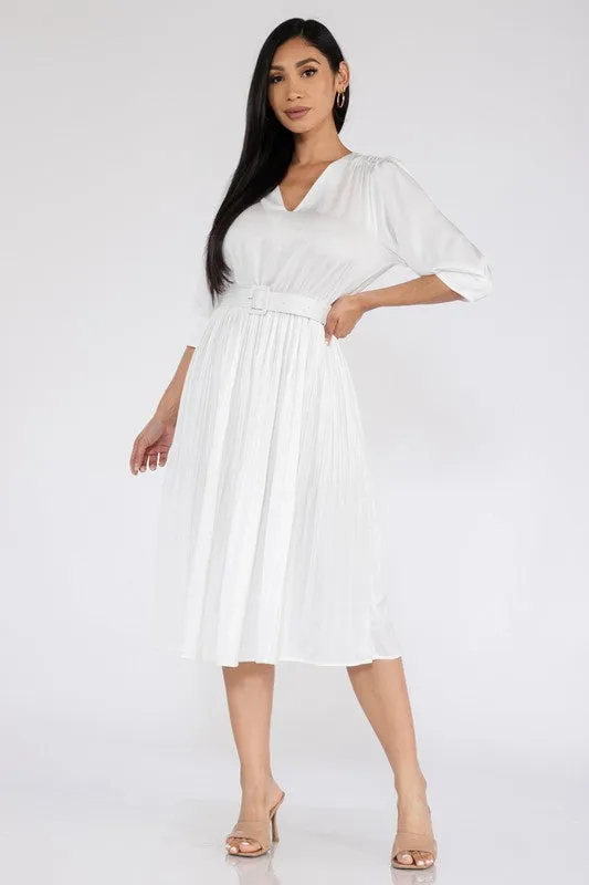 V neck pleated white dress