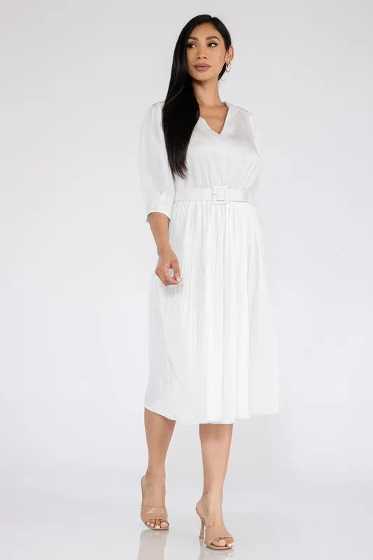 V neck pleated white dress
