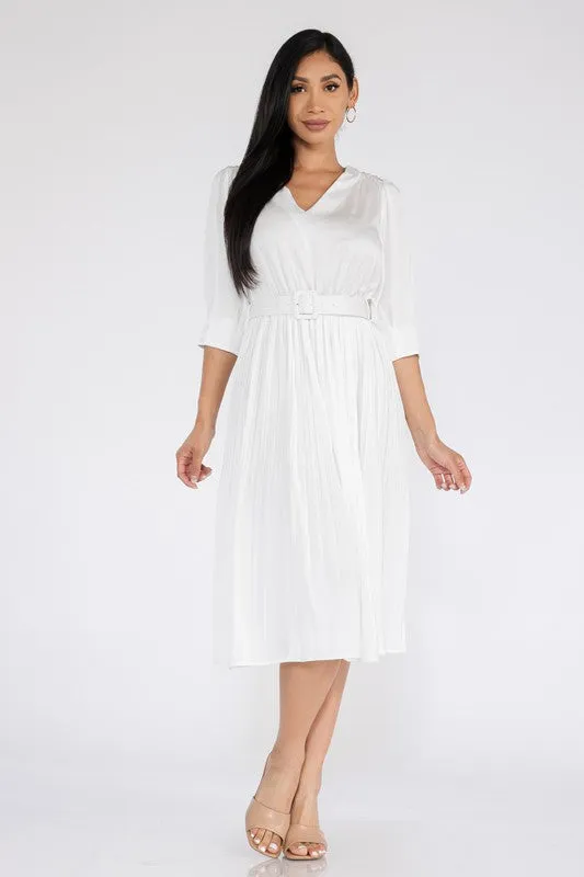 V neck pleated white dress