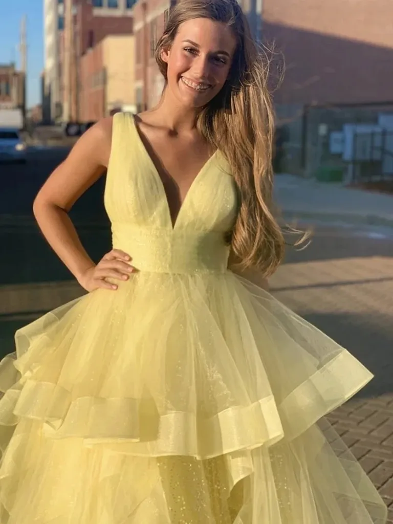 V Neck Sequins Yellow Long Prom Dresses, V Neck Sequins Yellow Formal Evening Dresses, Sparkly Ball Gown