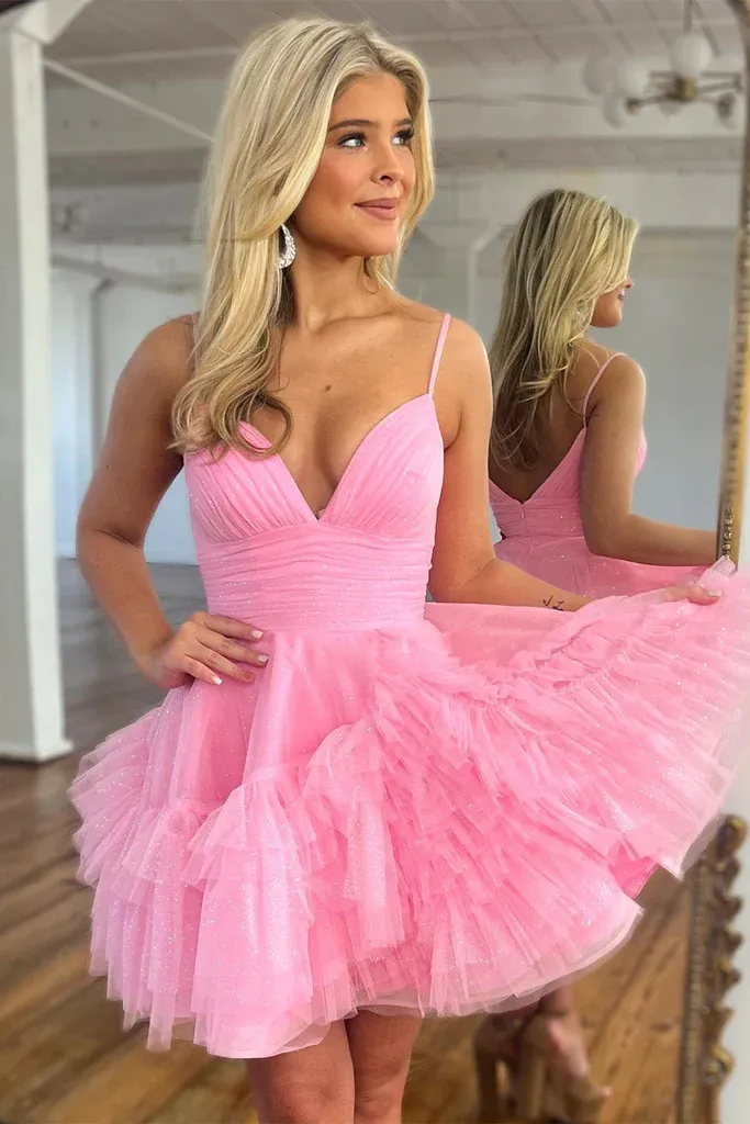 V Neck Short Pink Tulle Prom Dresses，Short Pink V Neck Formal Graduation Evening Dresses