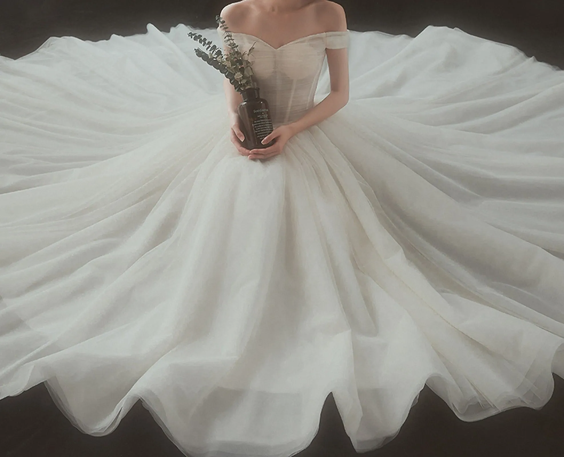 VB Off-Shoulder Lace-Up Ivory Ball Gown Wedding Dress