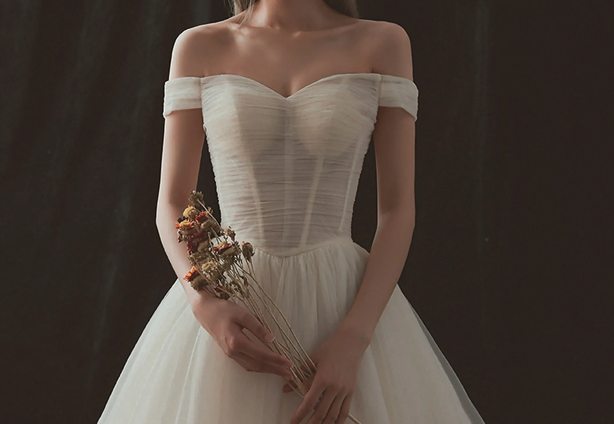 VB Off-Shoulder Lace-Up Ivory Ball Gown Wedding Dress