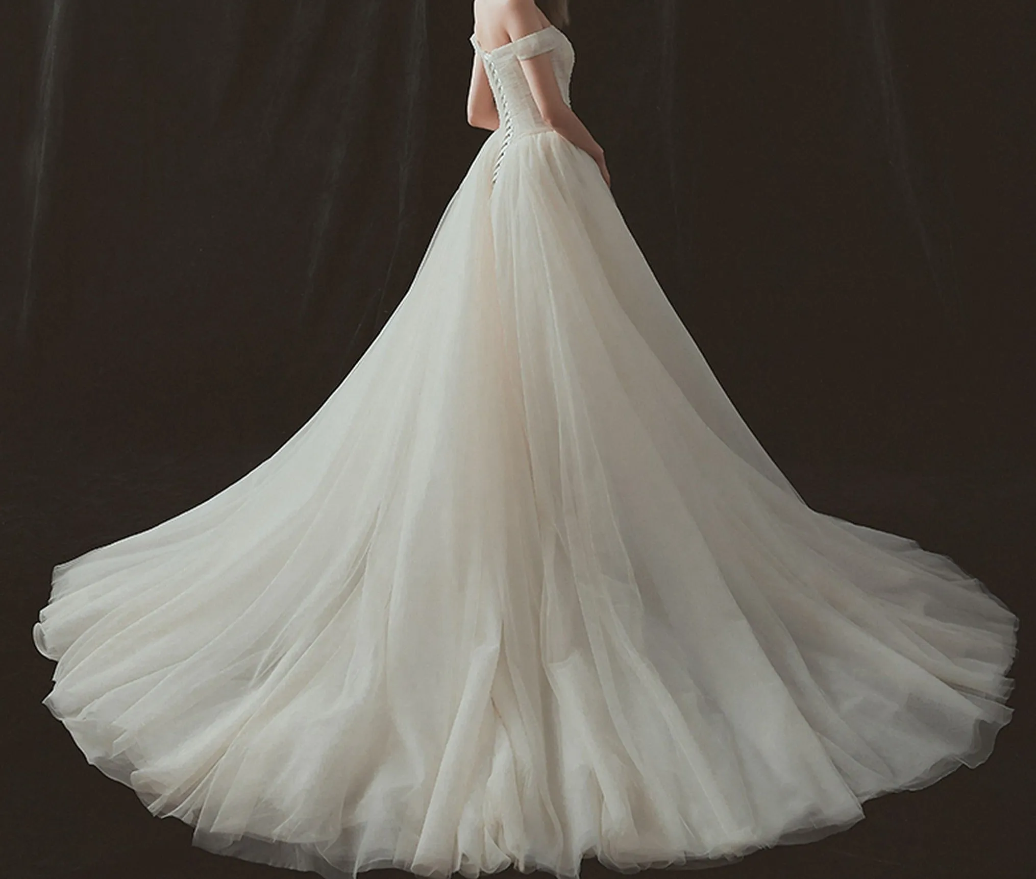 VB Off-Shoulder Lace-Up Ivory Ball Gown Wedding Dress