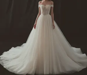 VB Off-Shoulder Lace-Up Ivory Ball Gown Wedding Dress