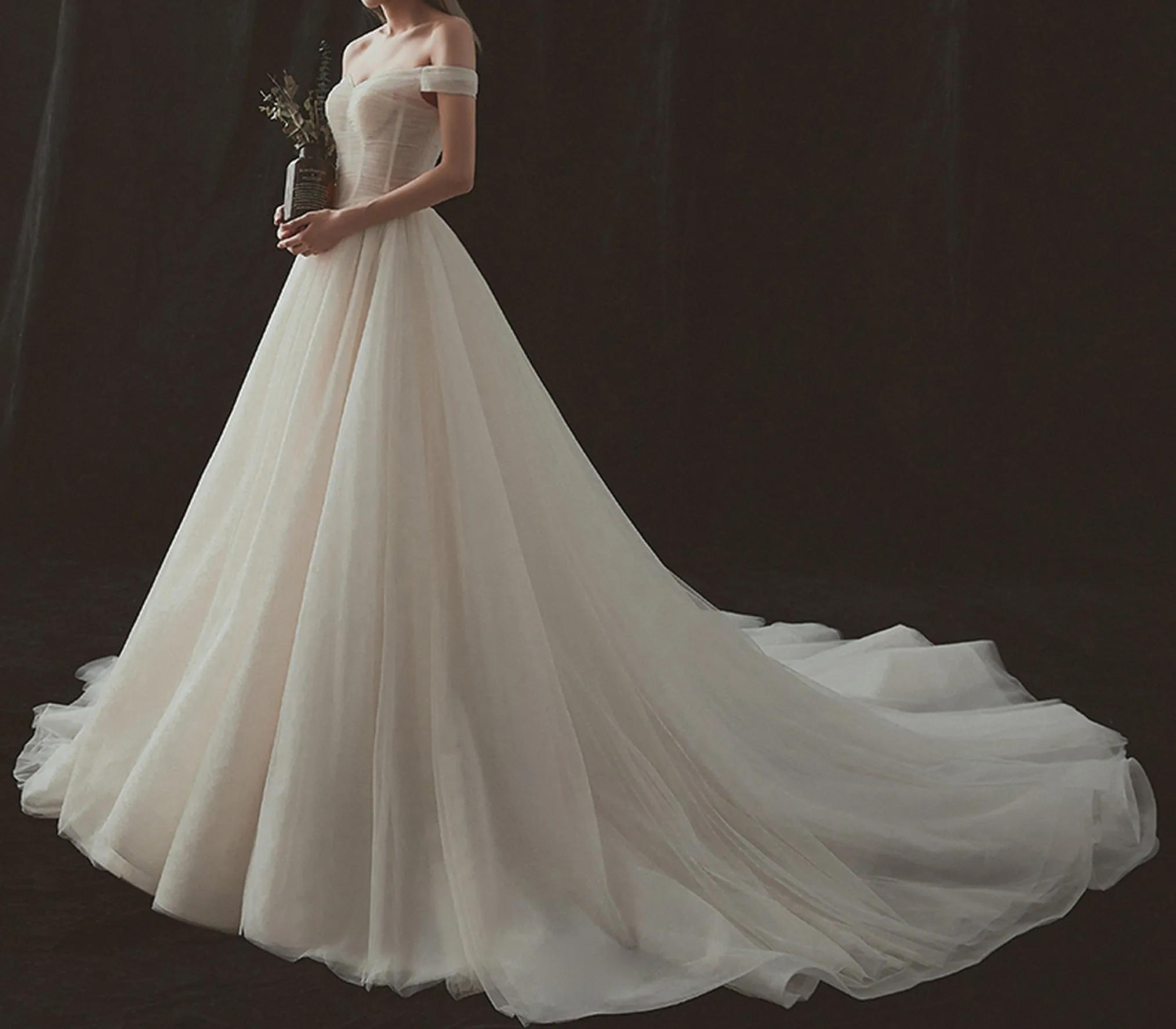 VB Off-Shoulder Lace-Up Ivory Ball Gown Wedding Dress