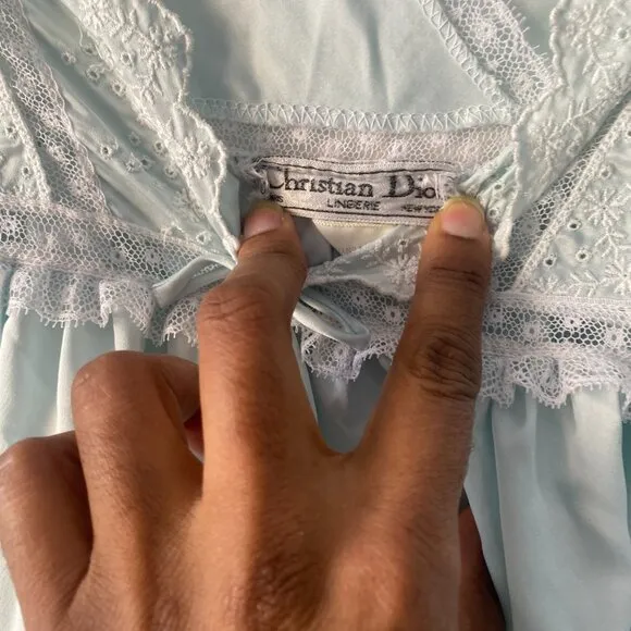 Vintage Christian Dior Lingerie Long Nightgown Eyelet Lace Sz P Small Green
