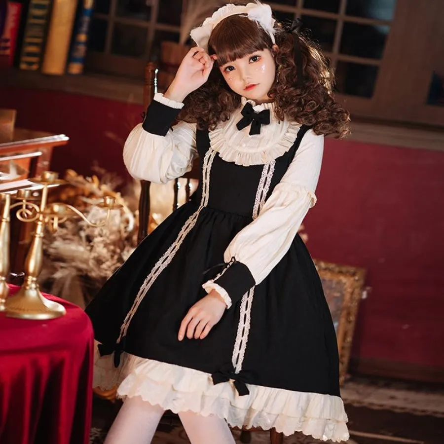 Vintage Lace Up Bow Pleated Frill Nice Clean-cut Lolita Dress mp006130