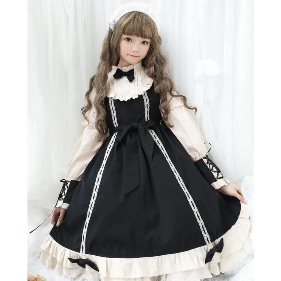 Vintage Lace Up Bow Pleated Frill Nice Clean-cut Lolita Dress mp006130