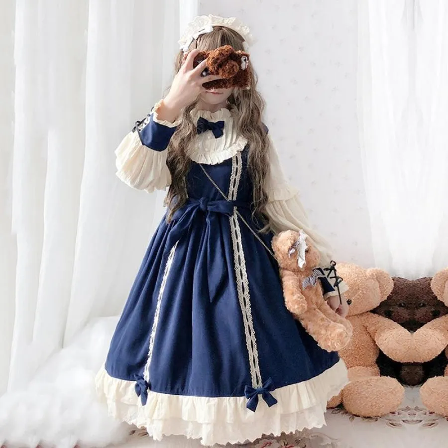 Vintage Lace Up Bow Pleated Frill Nice Clean-cut Lolita Dress mp006130