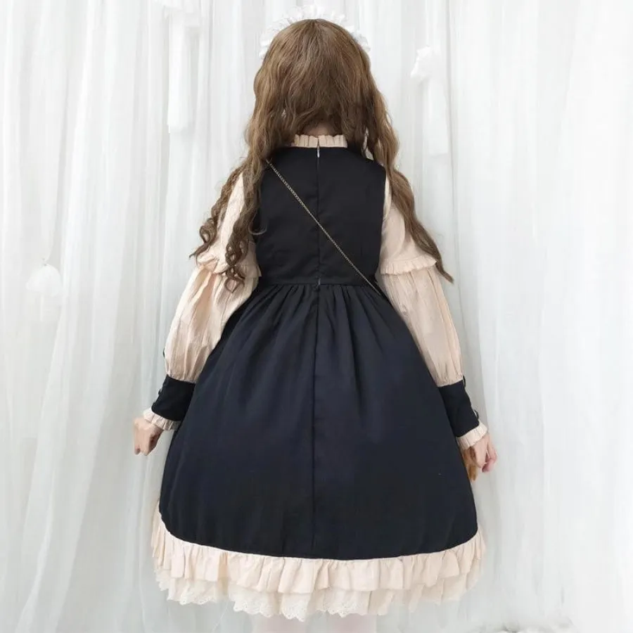 Vintage Lace Up Bow Pleated Frill Nice Clean-cut Lolita Dress mp006130
