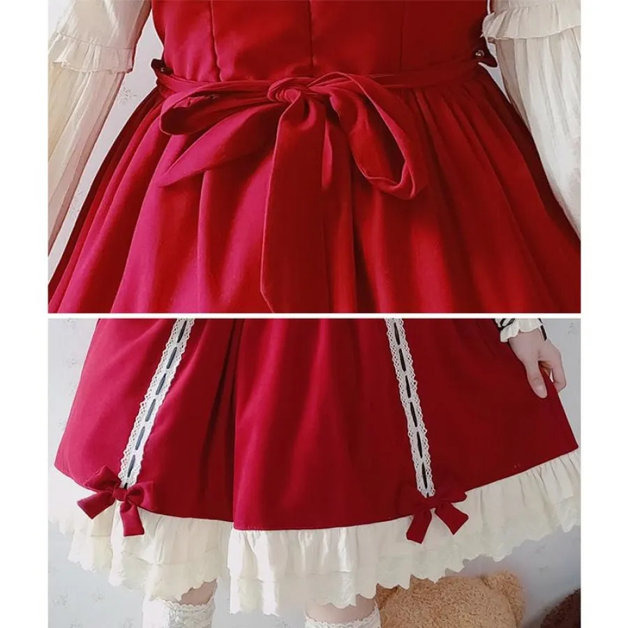 Vintage Lace Up Bow Pleated Frill Nice Clean-cut Lolita Dress mp006130