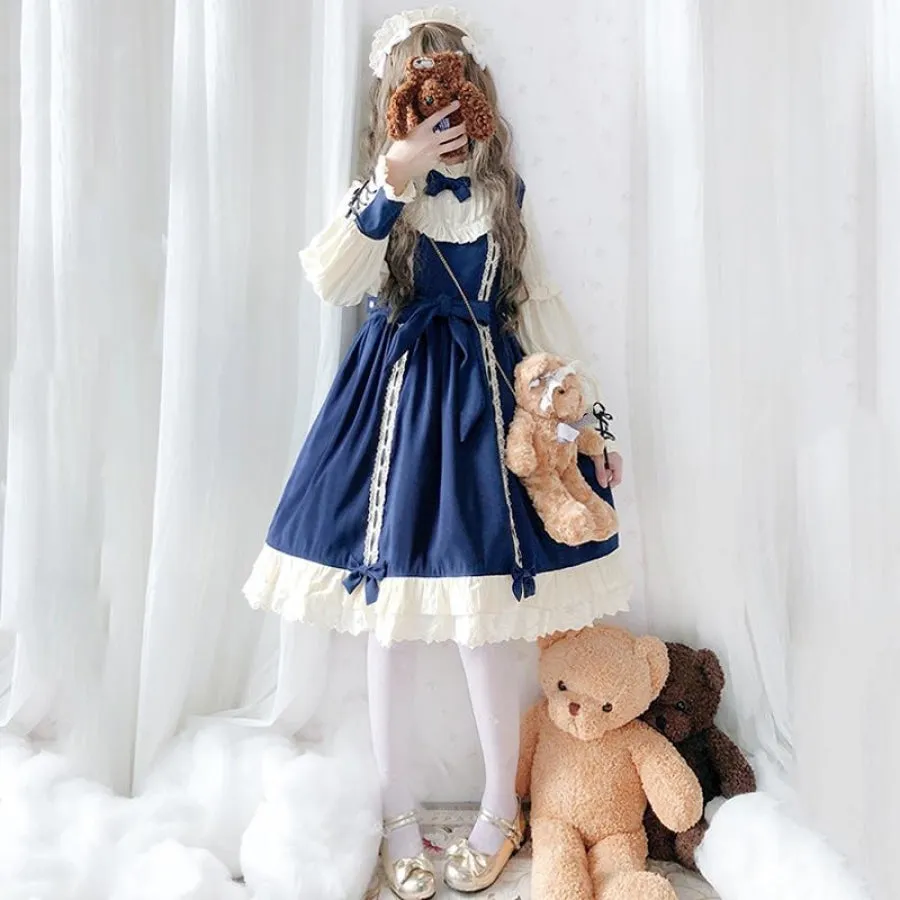 Vintage Lace Up Bow Pleated Frill Nice Clean-cut Lolita Dress mp006130