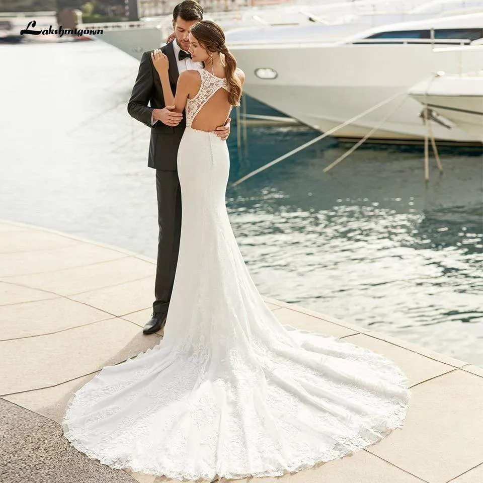 Vintage Mermaid Satin Wedding Gowns V-neck Open Back