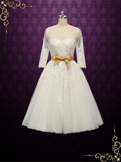 Vintage Style Lace Tea Length Wedding Dress with Gold Accents | PAULA
