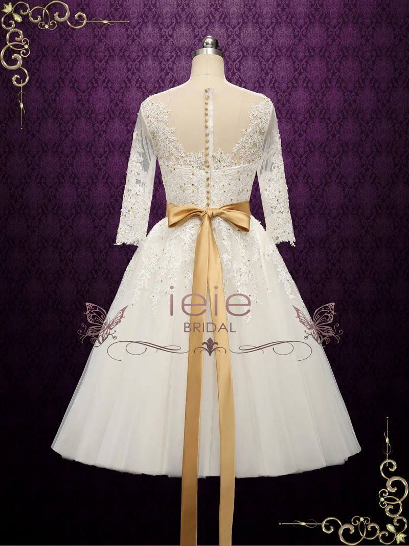 Vintage Style Lace Tea Length Wedding Dress with Gold Accents | PAULA