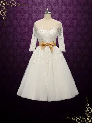 Vintage Style Lace Tea Length Wedding Dress with Gold Accents | PAULA