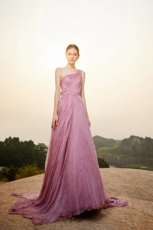 Violet - Selena Huan lavendar color vintage crinkle chiffon prom bloom-shape one-shoulder ball gown