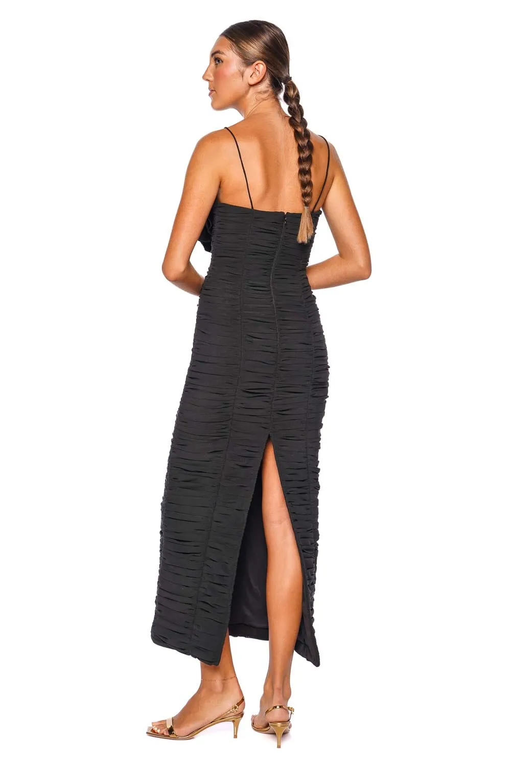 Walsworth Black Ruched Frill Midi Dress