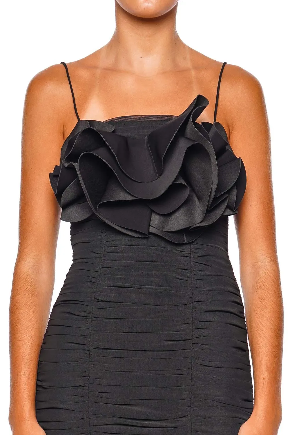 Walsworth Black Ruched Frill Midi Dress