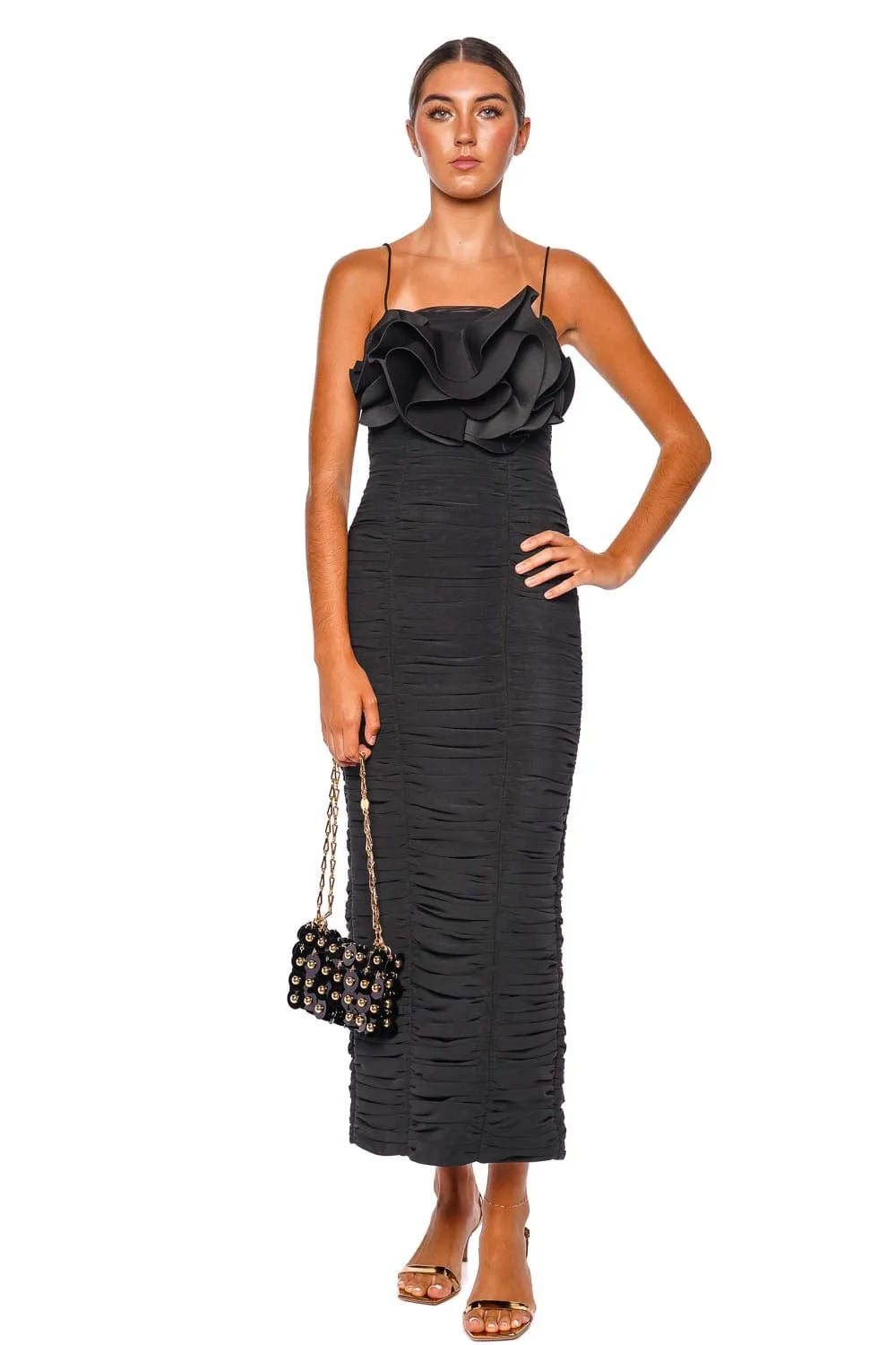 Walsworth Black Ruched Frill Midi Dress