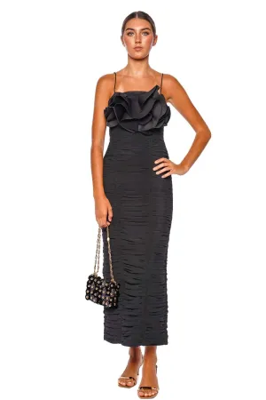 Walsworth Black Ruched Frill Midi Dress