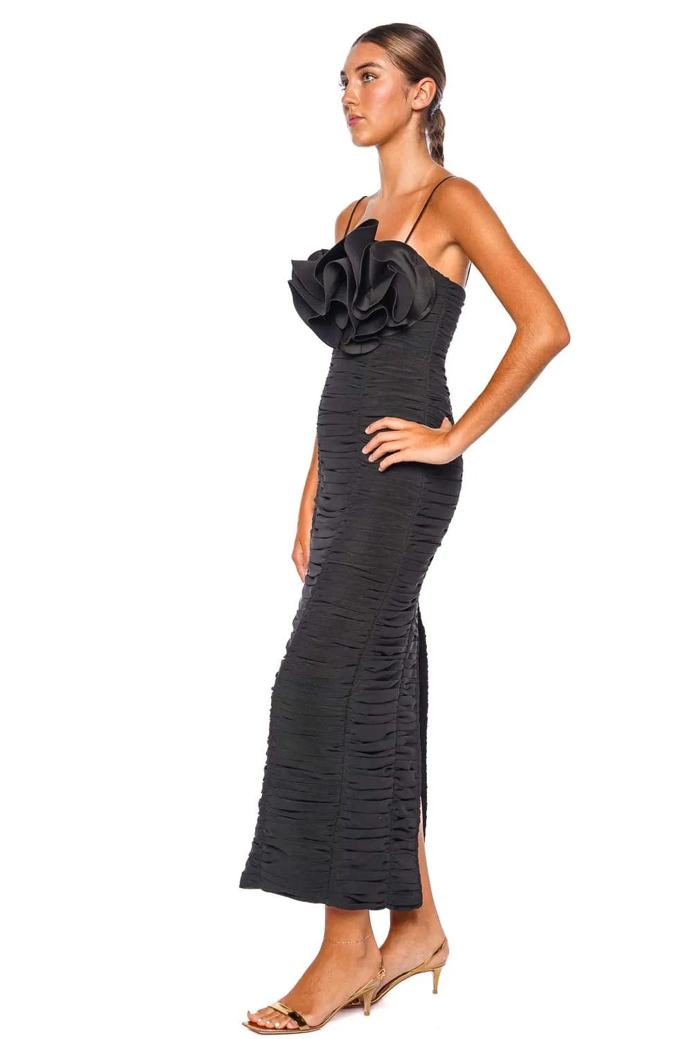 Walsworth Black Ruched Frill Midi Dress