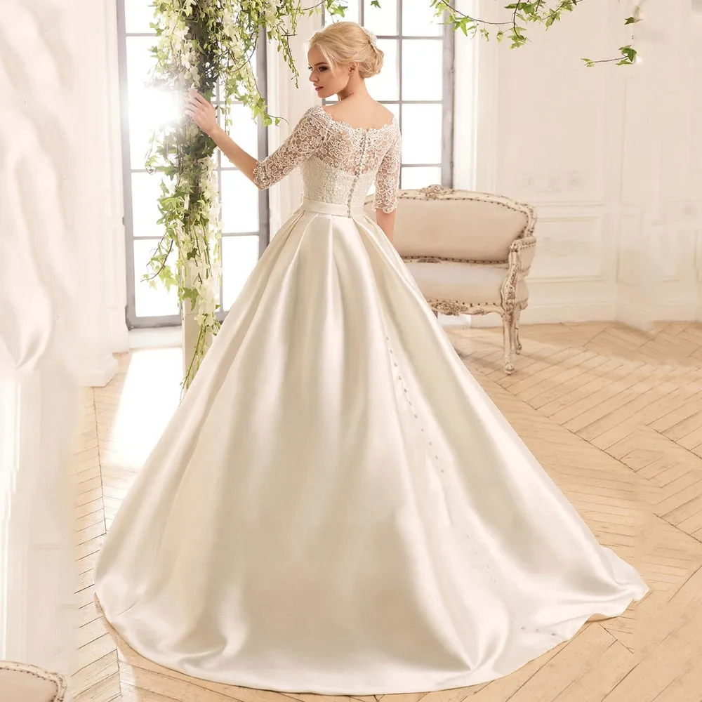 Wedding Dress A-Line Boat Neck Classic Half Sleeve