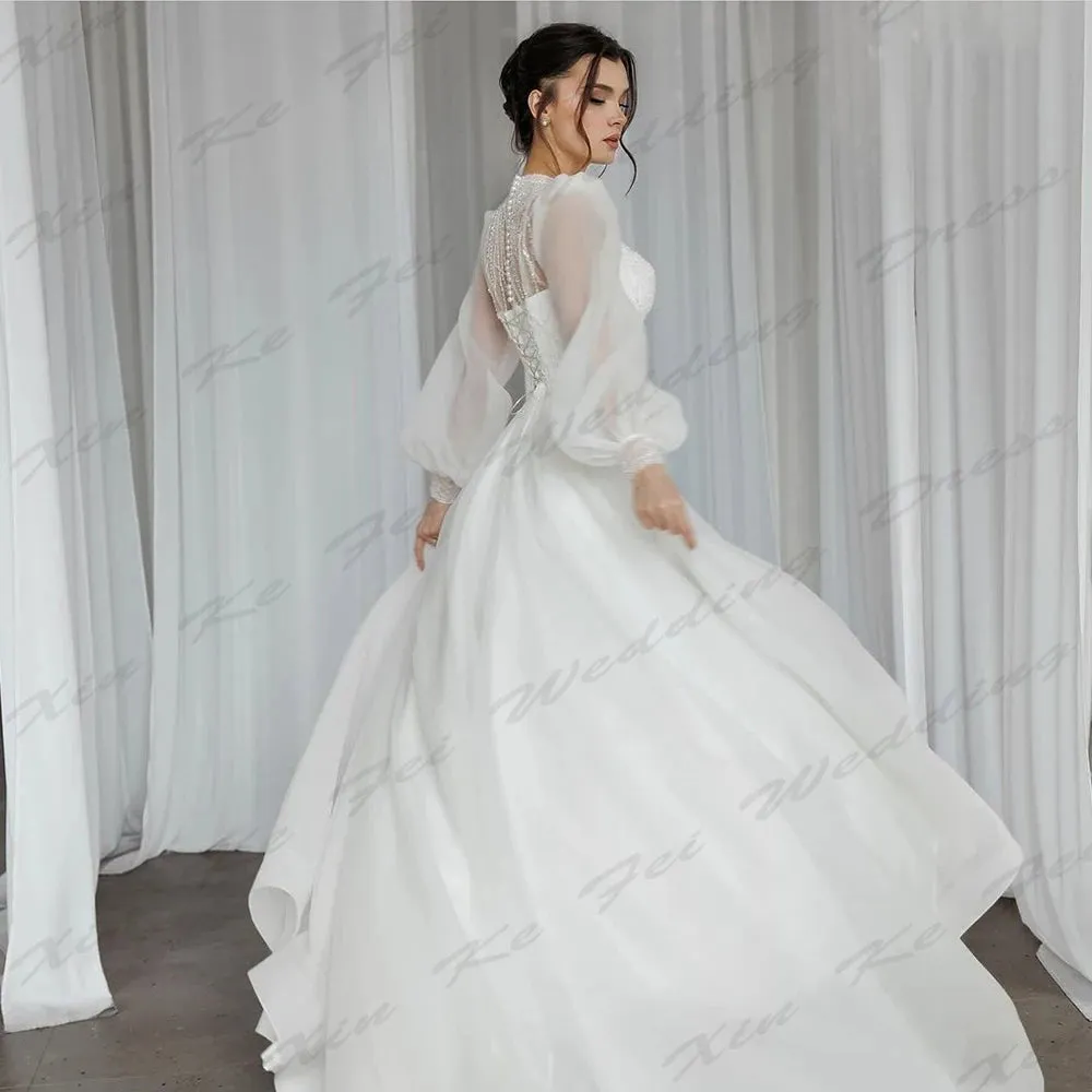 Wedding Dresses Beautiful Round Neck Fluffy Long Sleeves Fluffy Princess