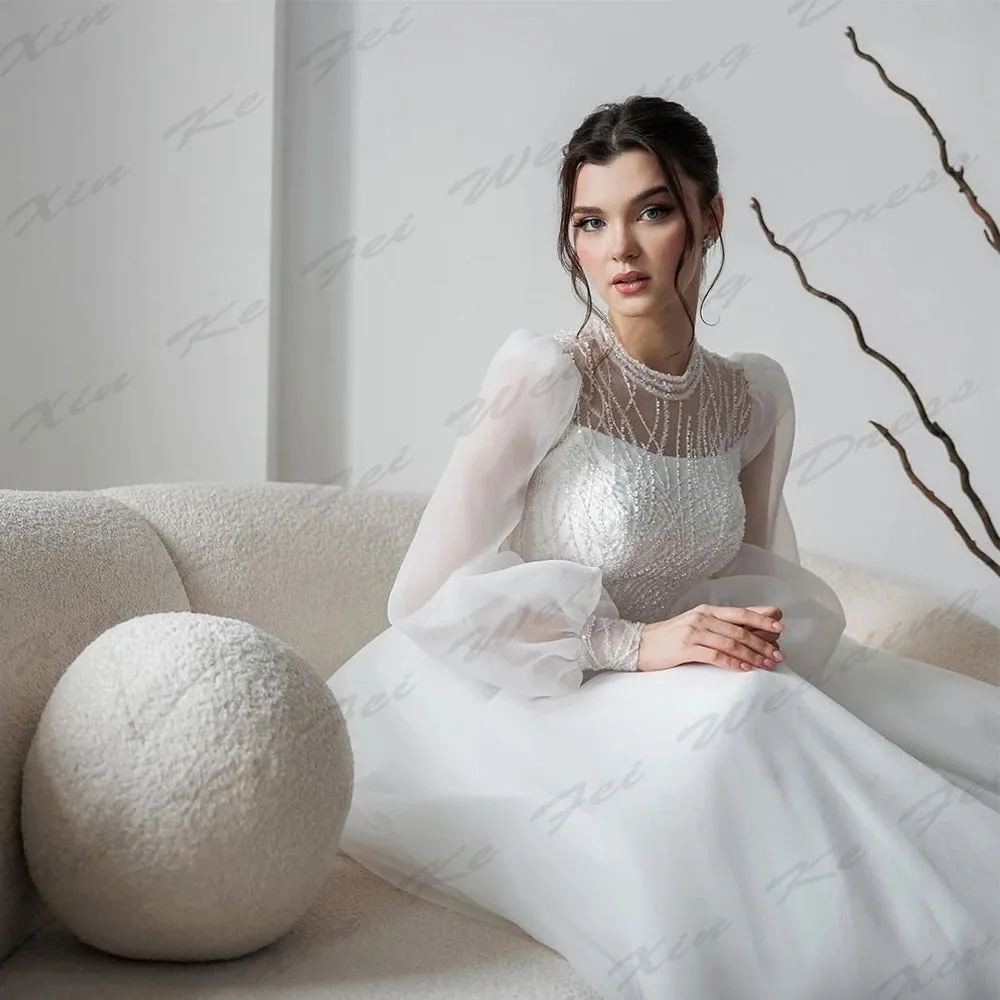Wedding Dresses Beautiful Round Neck Fluffy Long Sleeves Fluffy Princess